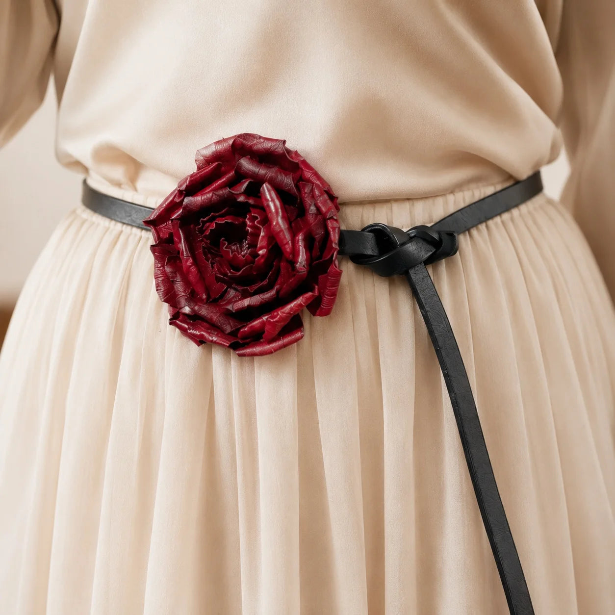Crimson Peony Bloom Leather Floral Waist Belt – Handcrafted Vegetable-Tanned Leather Flower Tie Belt for Dresses, Skirts & Light Outerwear