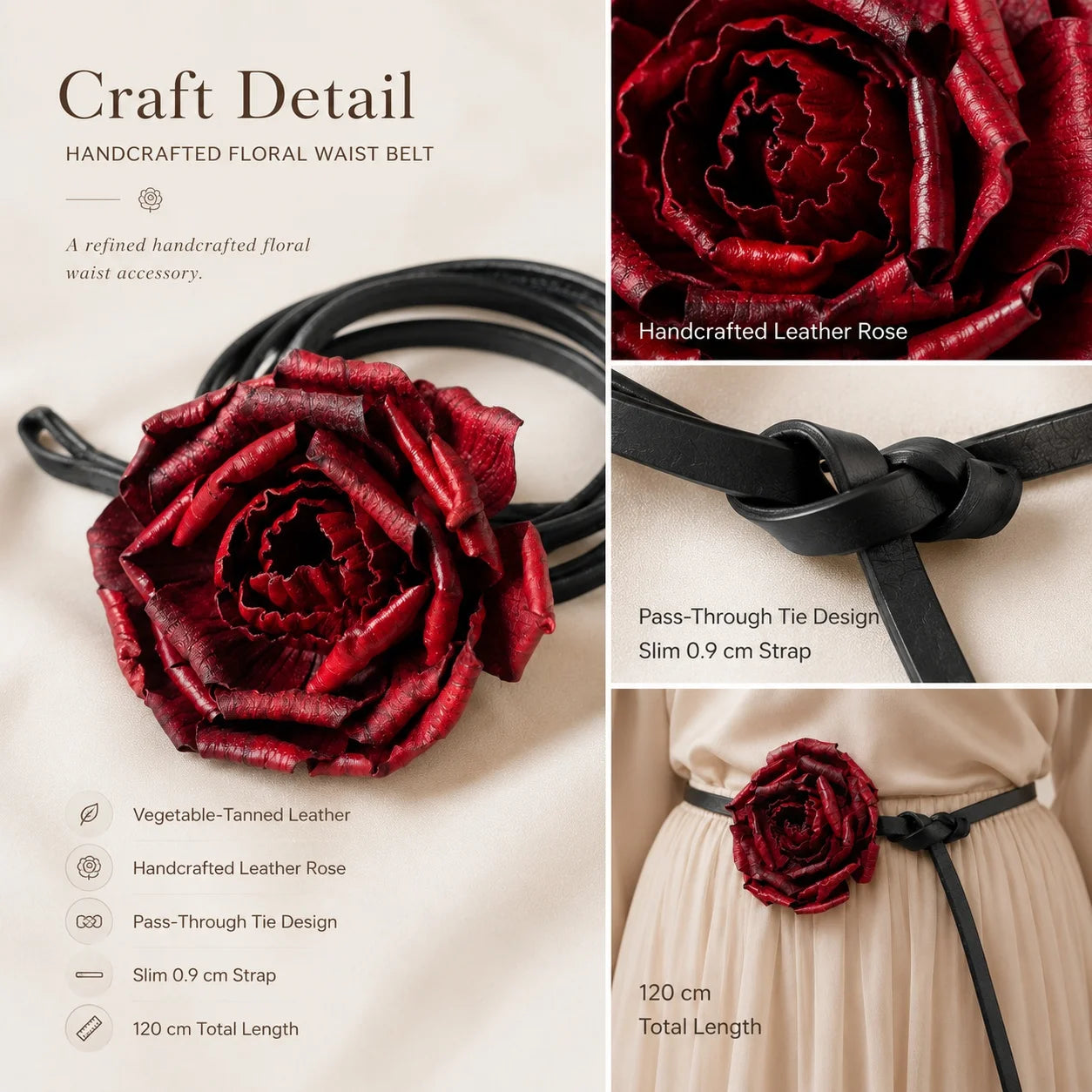Crimson Peony Bloom Leather Floral Waist Belt – Handcrafted Vegetable-Tanned Leather Flower Tie Belt for Dresses, Skirts & Light Outerwear