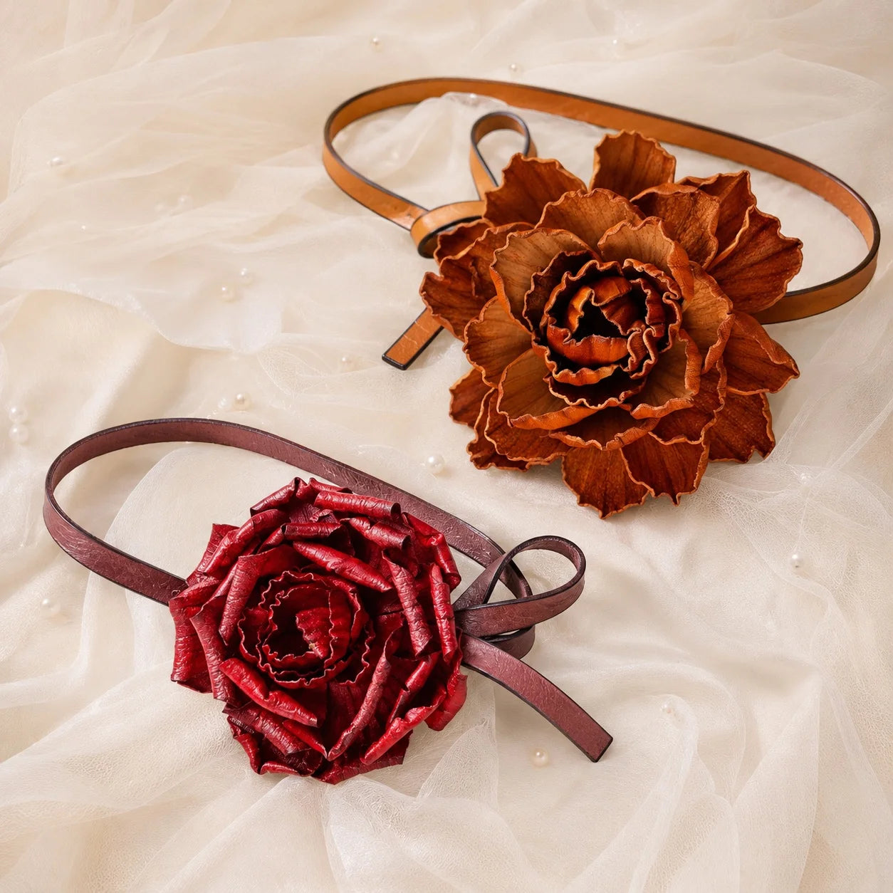 Crimson Peony Bloom Leather Floral Waist Belt – Handcrafted Vegetable-Tanned Leather Flower Tie Belt for Dresses, Skirts & Light Outerwear