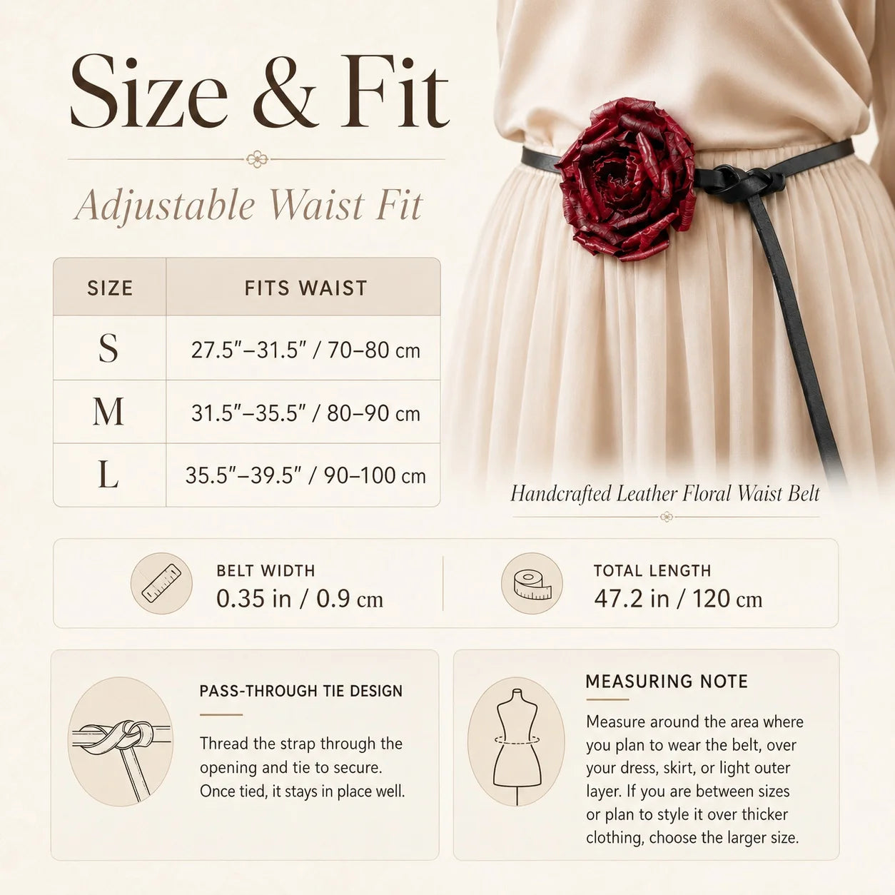 Crimson Peony Bloom Leather Floral Waist Belt – Handcrafted Vegetable-Tanned Leather Flower Tie Belt for Dresses, Skirts & Light Outerwear