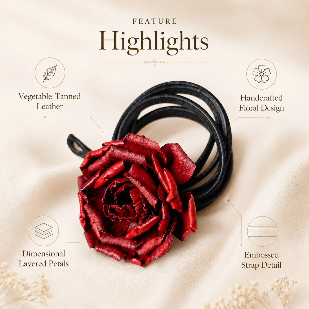Crimson Peony Bloom Leather Floral Waist Belt – Handcrafted Vegetable-Tanned Leather Flower Tie Belt for Dresses, Skirts & Light Outerwear