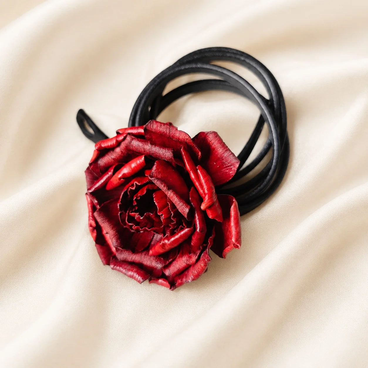 Crimson Peony Bloom Leather Floral Waist Belt – Handcrafted Vegetable-Tanned Leather Flower Tie Belt for Dresses, Skirts & Light Outerwear