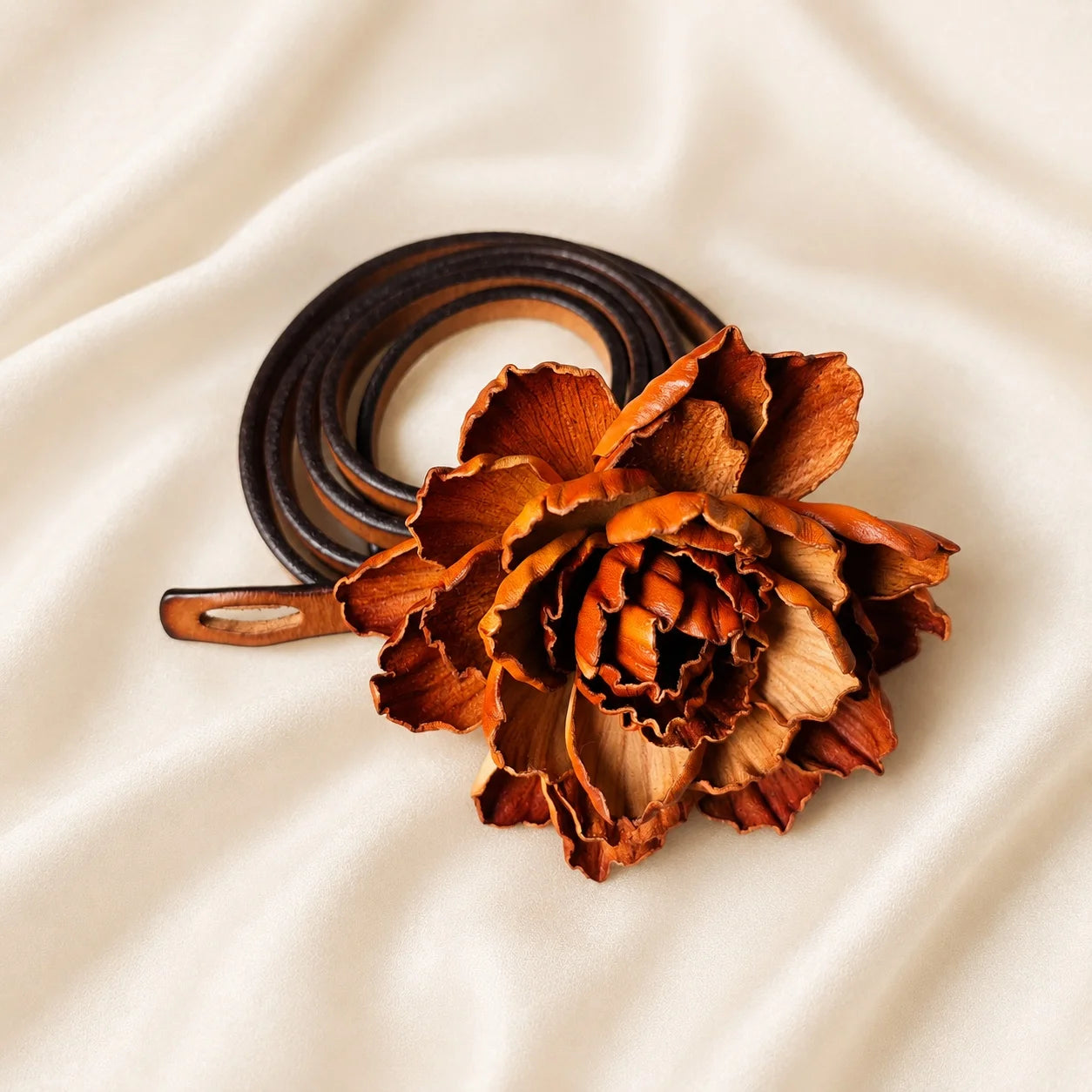 Crimson Peony Bloom Leather Floral Waist Belt – Handcrafted Vegetable-Tanned Leather Flower Tie Belt for Dresses, Skirts & Light Outerwear