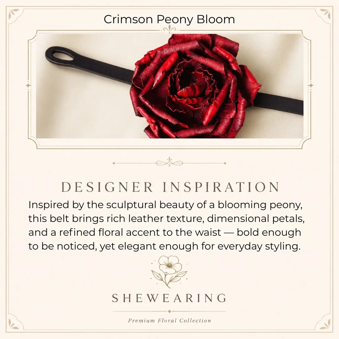 Crimson Peony Bloom Leather Floral Waist Belt – Handcrafted Vegetable-Tanned Leather Flower Tie Belt for Dresses, Skirts & Light Outerwear