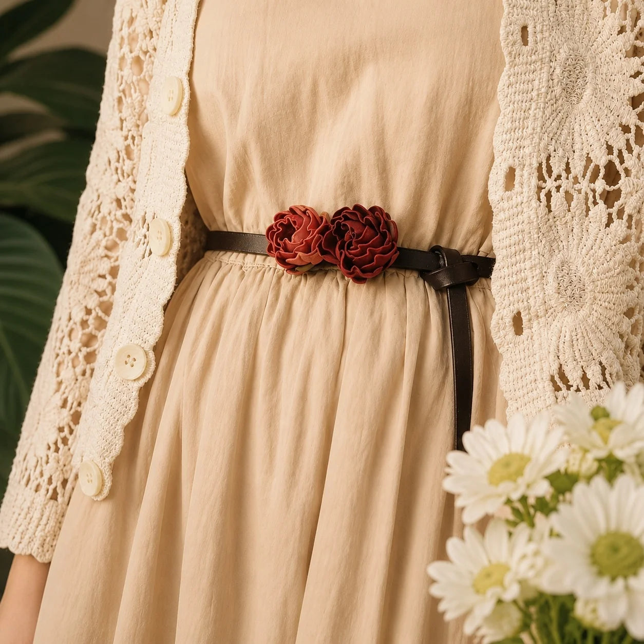 Crimson Rosebud Leather Floral Waist Belt – Handcrafted Slim Cowhide Leather Flower Belt for Dresses, Skirts & Light Outerwear