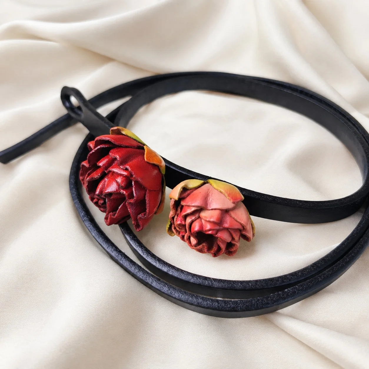 Crimson Rosebud Leather Floral Waist Belt – Handcrafted Slim Cowhide Leather Flower Belt for Dresses, Skirts & Light Outerwear
