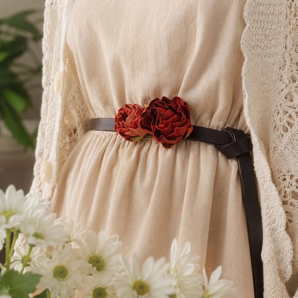 Crimson Rosebud Leather Floral Waist Belt – Handcrafted Slim Cowhide Leather Flower Belt for Dresses, Skirts & Light Outerwear