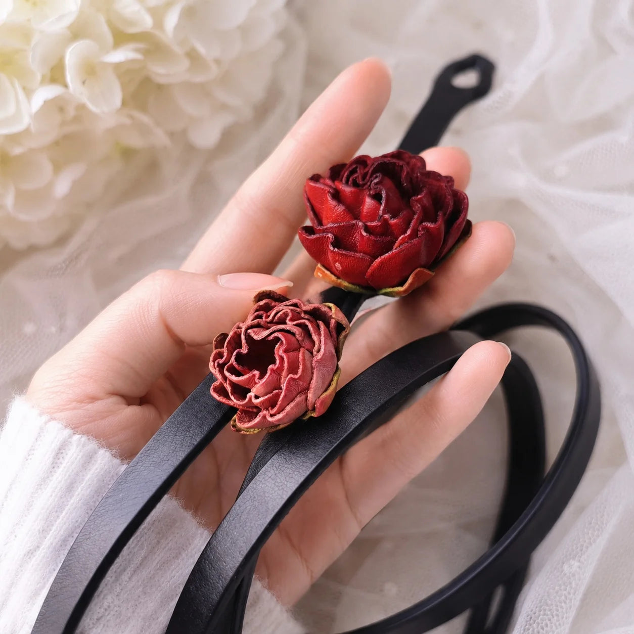 Crimson Rosebud Leather Floral Waist Belt – Handcrafted Slim Cowhide Leather Flower Belt for Dresses, Skirts & Light Outerwear