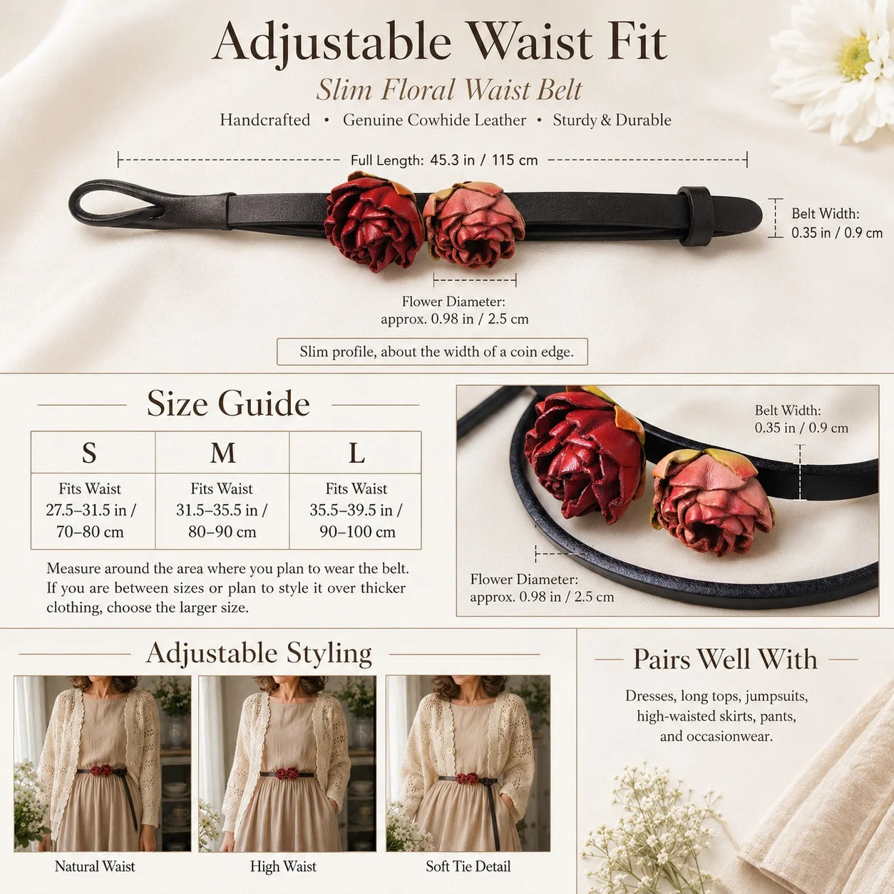 Crimson Rosebud Leather Floral Waist Belt – Handcrafted Slim Cowhide Leather Flower Belt for Dresses, Skirts & Light Outerwear