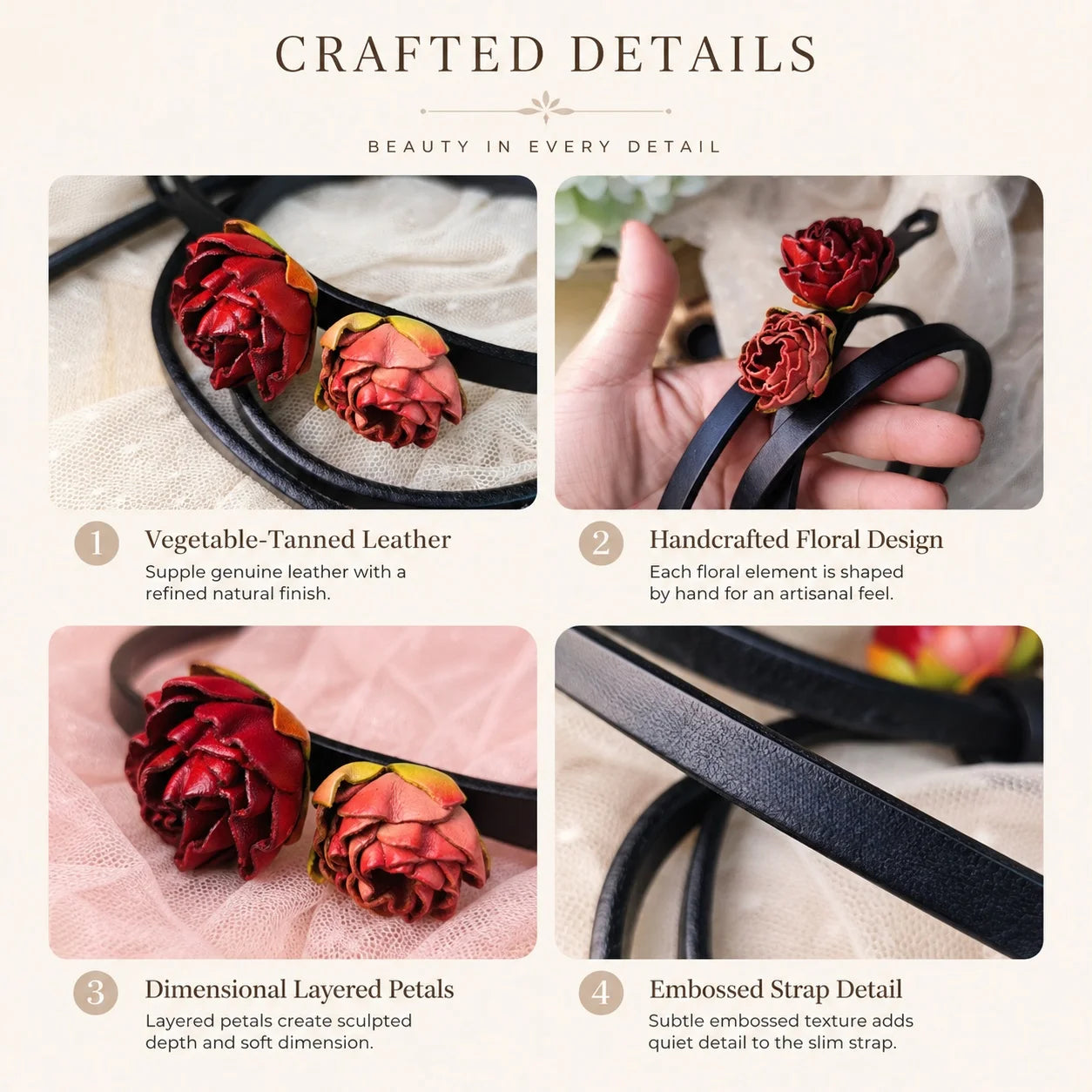Crimson Rosebud Leather Floral Waist Belt – Handcrafted Slim Cowhide Leather Flower Belt for Dresses, Skirts & Light Outerwear