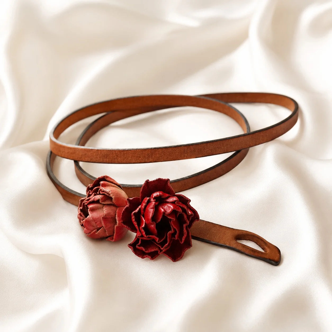 Crimson Rosebud Leather Floral Waist Belt – Handcrafted Slim Cowhide Leather Flower Belt for Dresses, Skirts & Light Outerwear