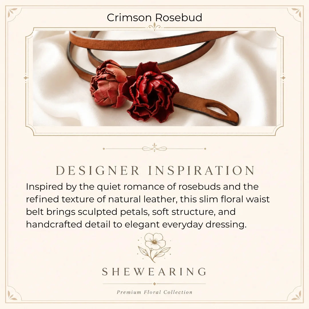 Crimson Rosebud Leather Floral Waist Belt – Handcrafted Slim Cowhide Leather Flower Belt for Dresses, Skirts & Light Outerwear