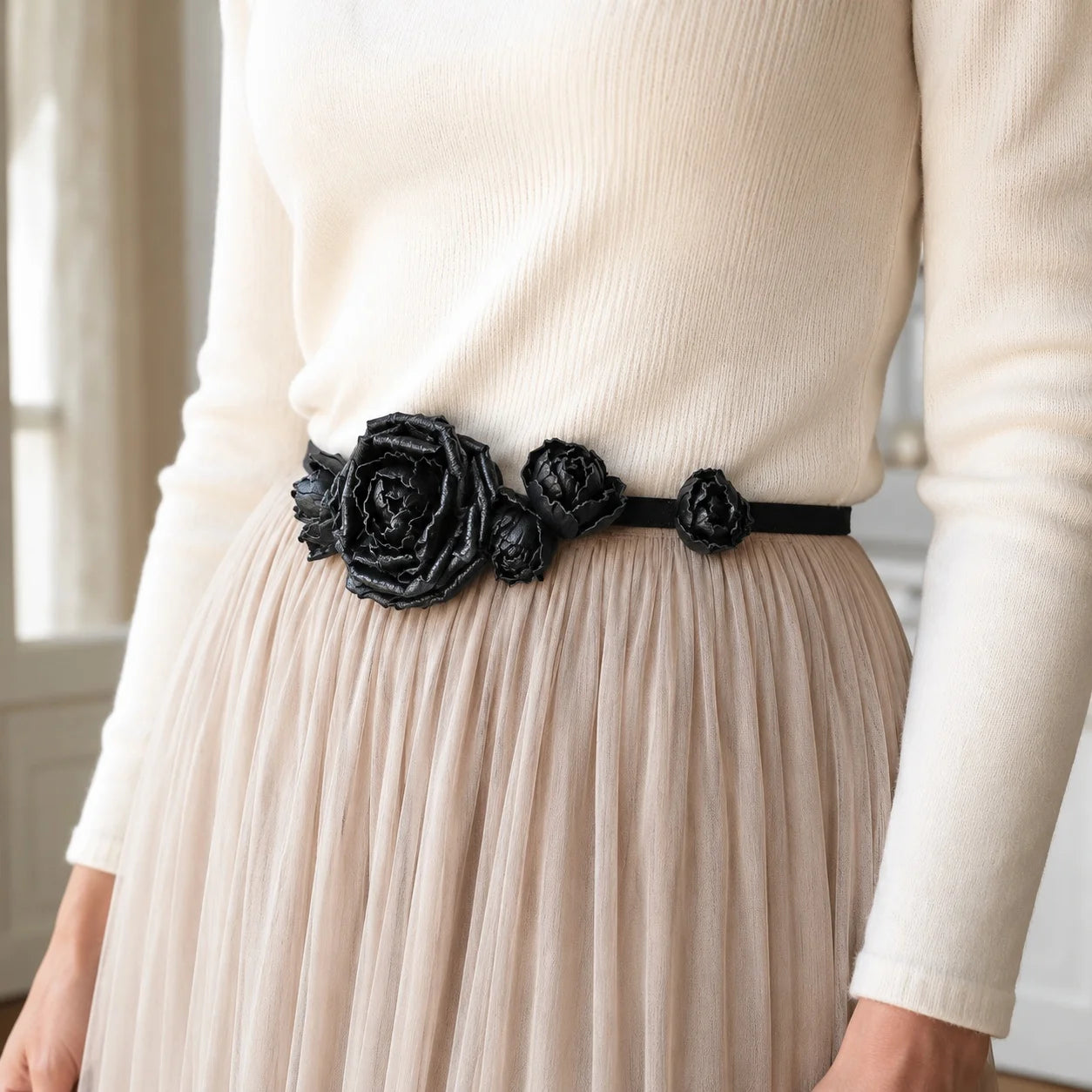 Midnight Rose Bloom Black Leather Floral Waist Belt – Handcrafted Cowhide Rose Styling Piece with Velvet Ribbon for Waist, Necklace & Hair Accessory
