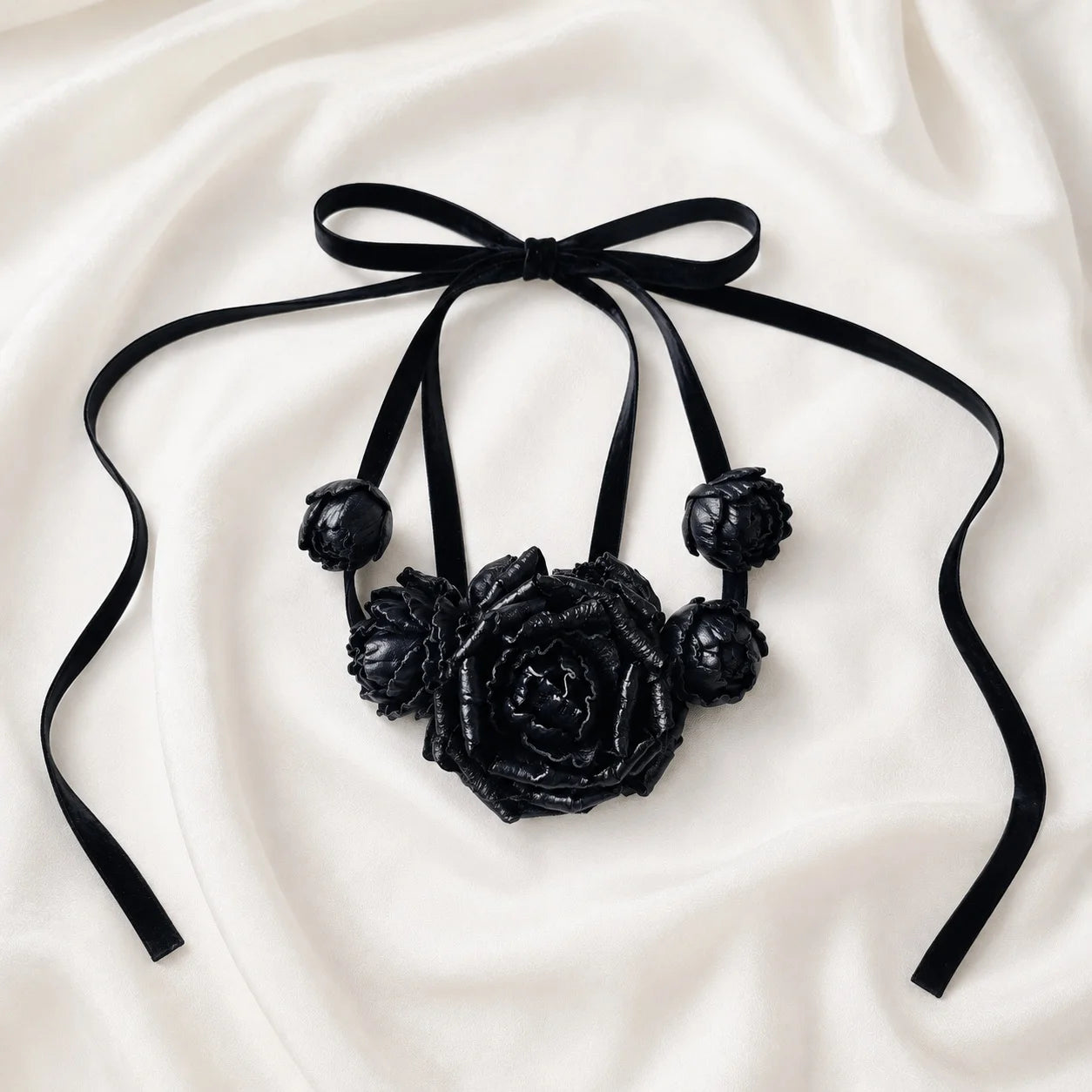 Midnight Rose Bloom Black Leather Floral Waist Belt – Handcrafted Cowhide Rose Styling Piece with Velvet Ribbon for Waist, Necklace & Hair Accessory