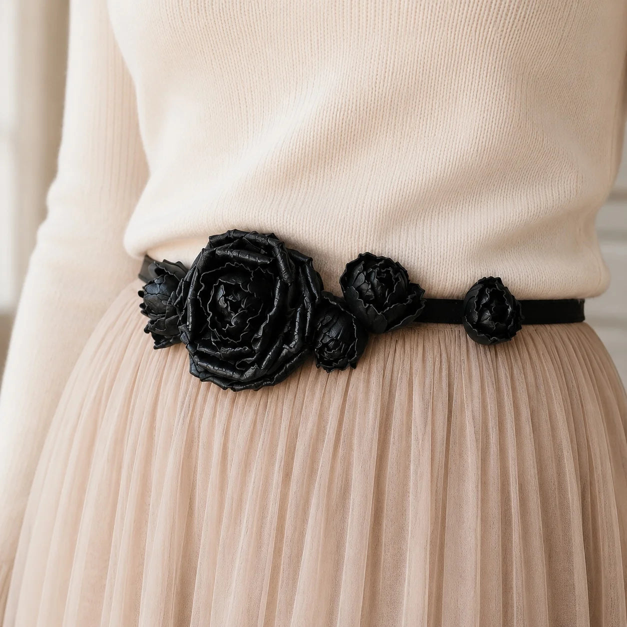 Midnight Rose Bloom Black Leather Floral Waist Belt – Handcrafted Cowhide Rose Styling Piece with Velvet Ribbon for Waist, Necklace & Hair Accessory