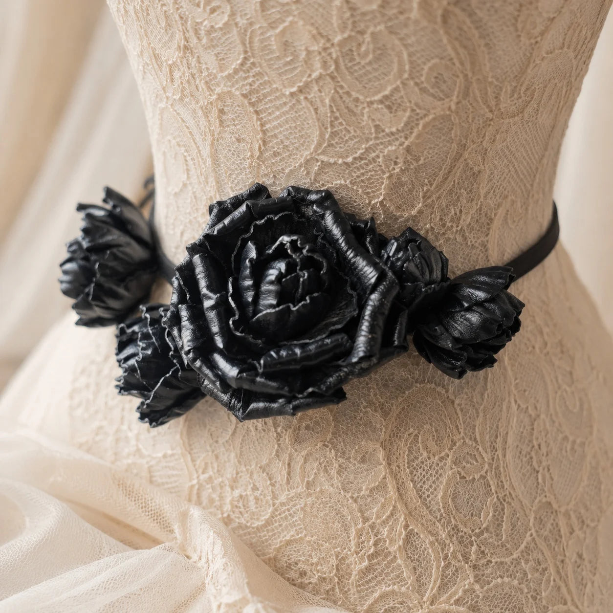 Midnight Rose Bloom Black Leather Floral Waist Belt – Handcrafted Cowhide Rose Styling Piece with Velvet Ribbon for Waist, Necklace & Hair Accessory