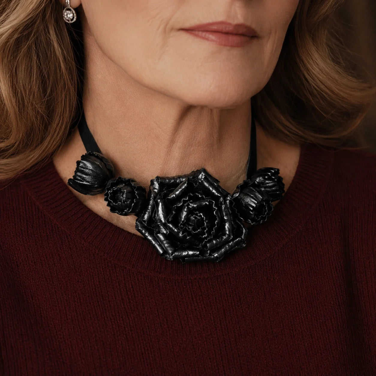 Midnight Rose Bloom Black Leather Floral Waist Belt – Handcrafted Cowhide Rose Styling Piece with Velvet Ribbon for Waist, Necklace & Hair Accessory