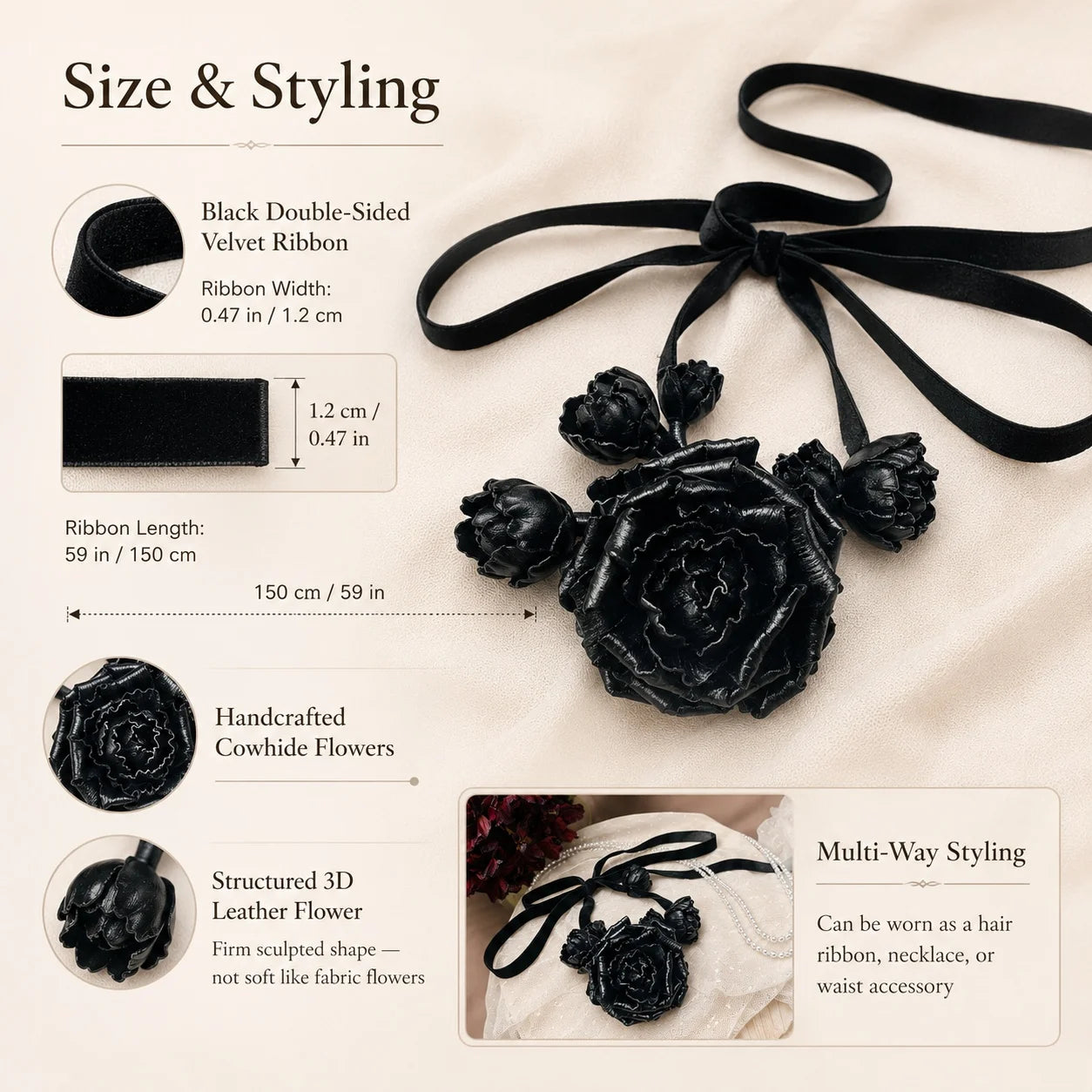 Midnight Rose Bloom Black Leather Floral Waist Belt – Handcrafted Cowhide Rose Styling Piece with Velvet Ribbon for Waist, Necklace & Hair Accessory