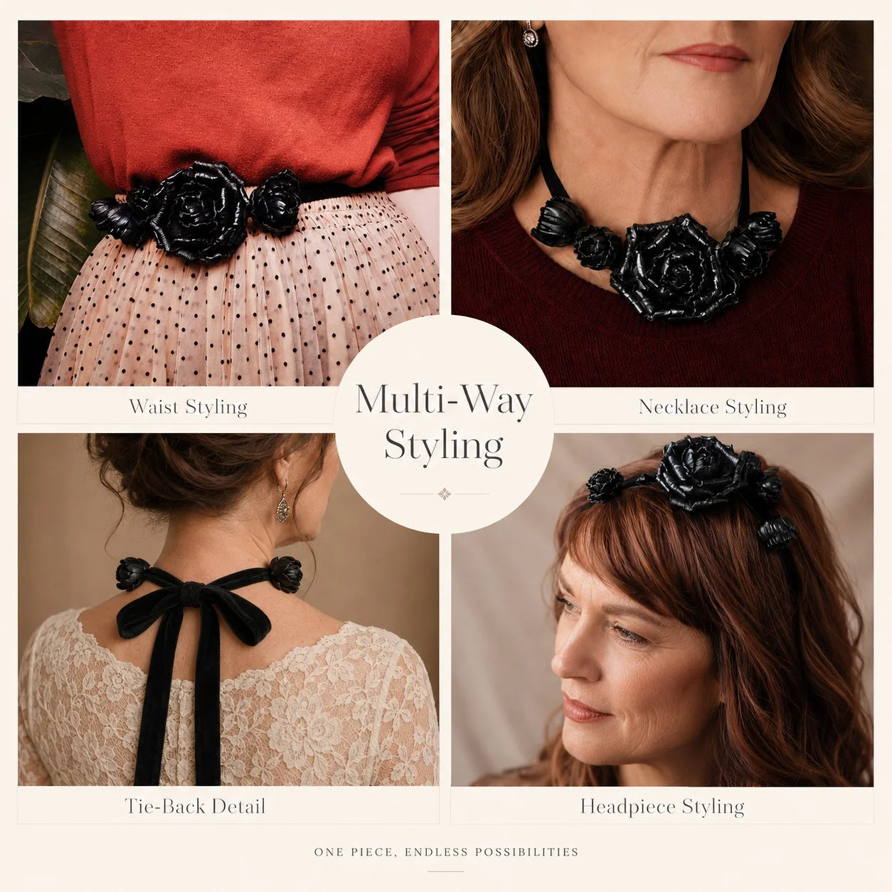 Midnight Rose Bloom Black Leather Floral Waist Belt – Handcrafted Cowhide Rose Styling Piece with Velvet Ribbon for Waist, Necklace & Hair Accessory
