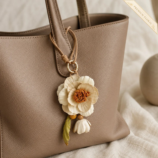 Camellia Grace Leather Floral Bag Charm – Handmade Sculpted Leather Flower Pendant | Premium Handbag & Necklace Accessory