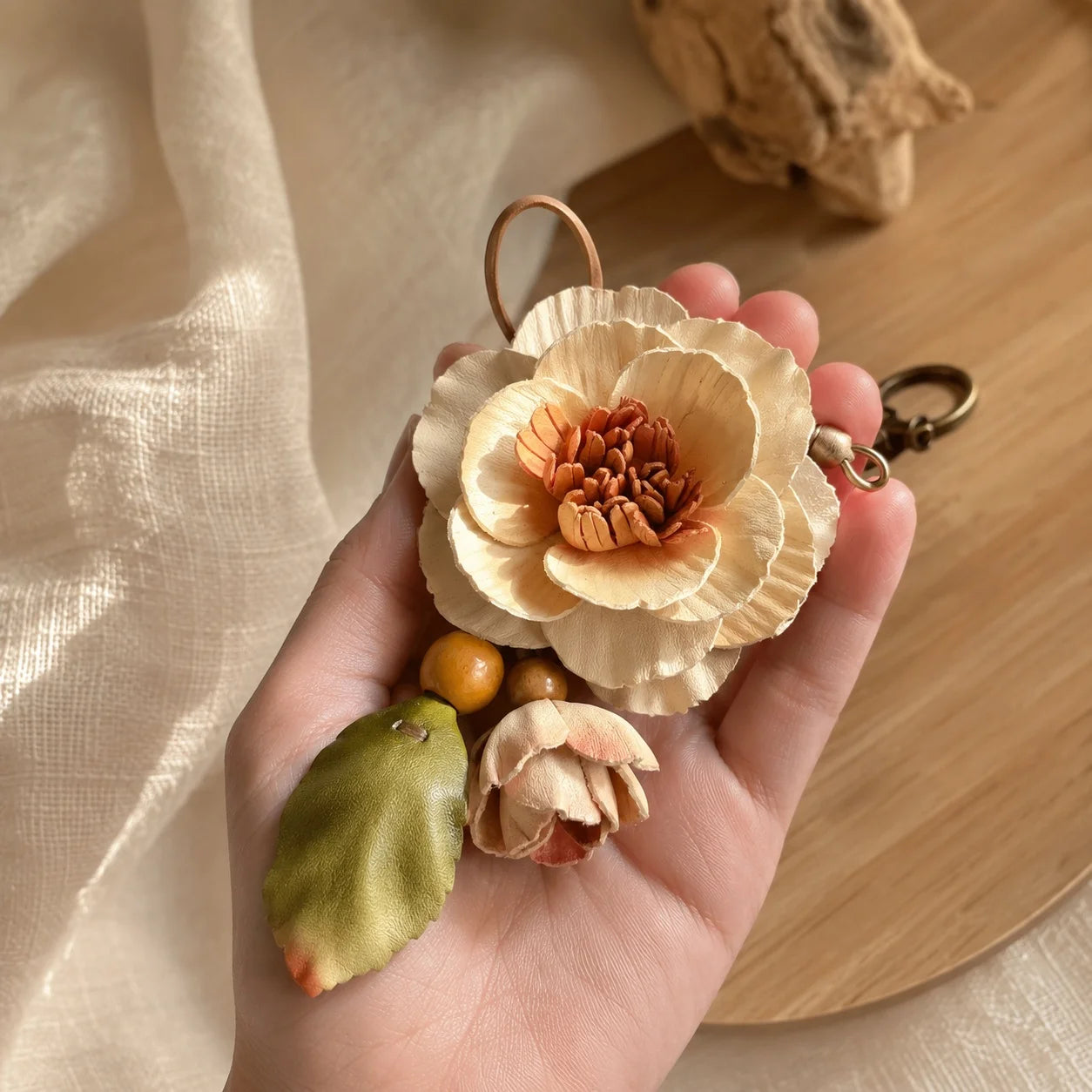 Camellia Grace Leather Floral Bag Charm – Handmade Sculpted Leather Flower Pendant | Premium Handbag & Necklace Accessory