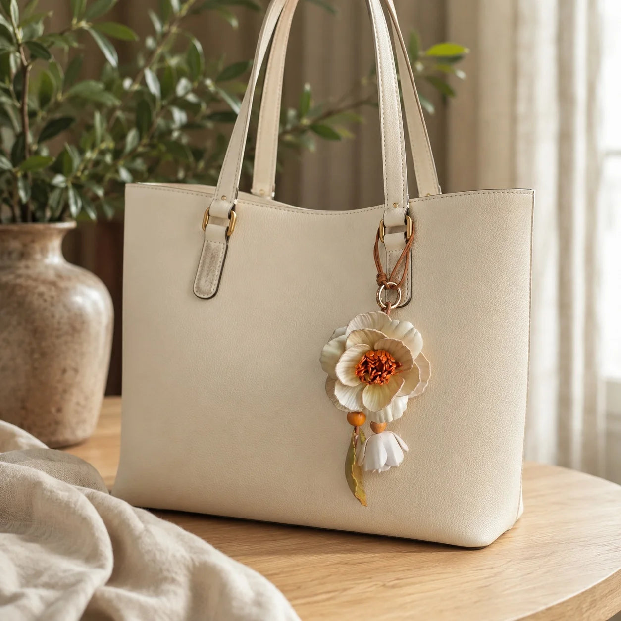 Camellia Grace Leather Floral Bag Charm – Handmade Sculpted Leather Flower Pendant | Premium Handbag & Necklace Accessory
