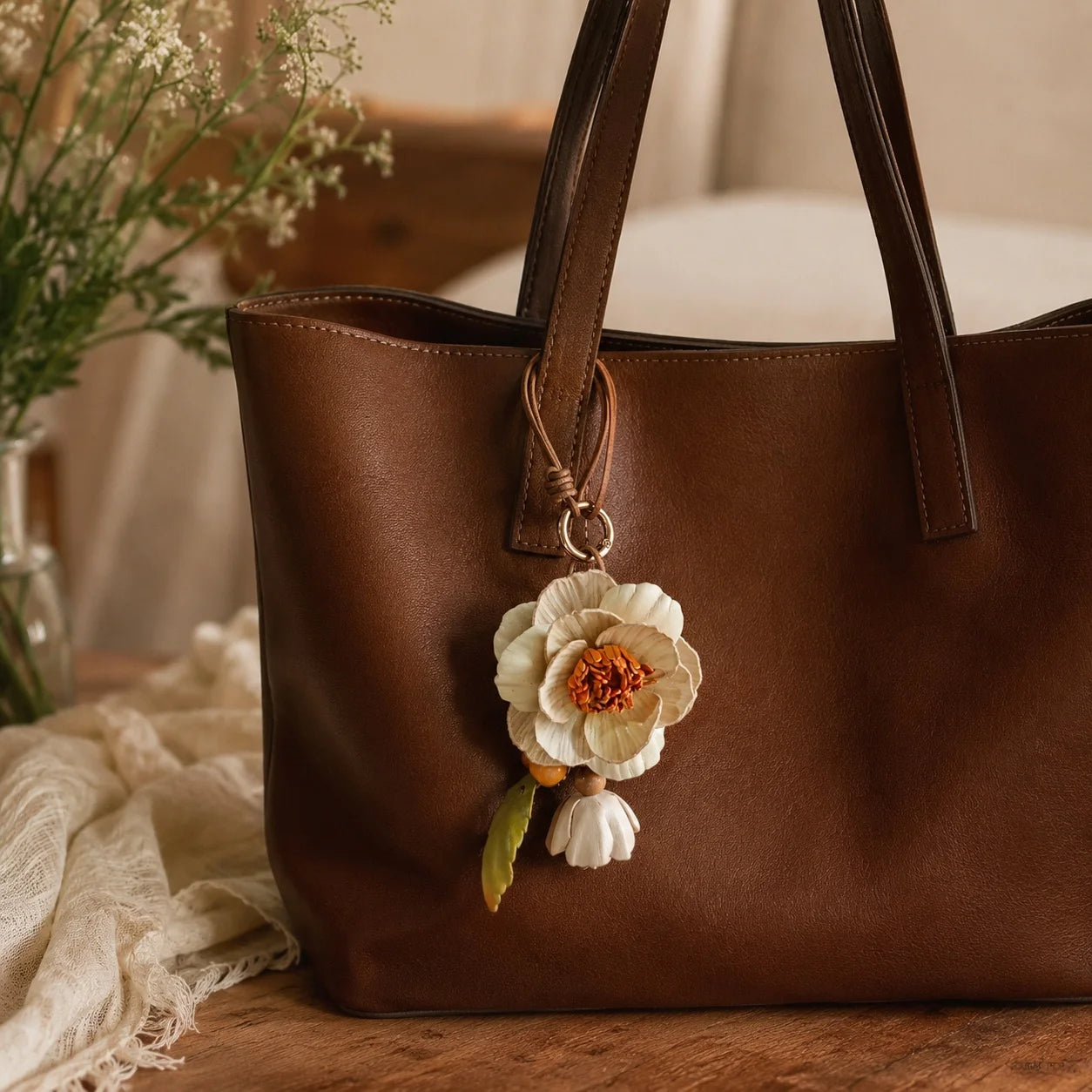 Camellia Grace Leather Floral Bag Charm – Handmade Sculpted Leather Flower Pendant | Premium Handbag & Necklace Accessory