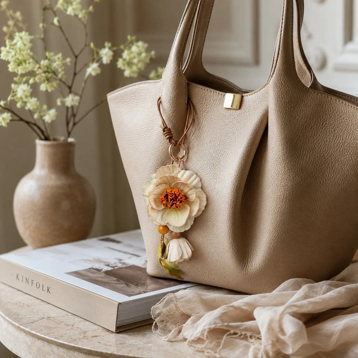 Camellia Grace Leather Floral Bag Charm – Handmade Sculpted Leather Flower Pendant | Premium Handbag & Necklace Accessory