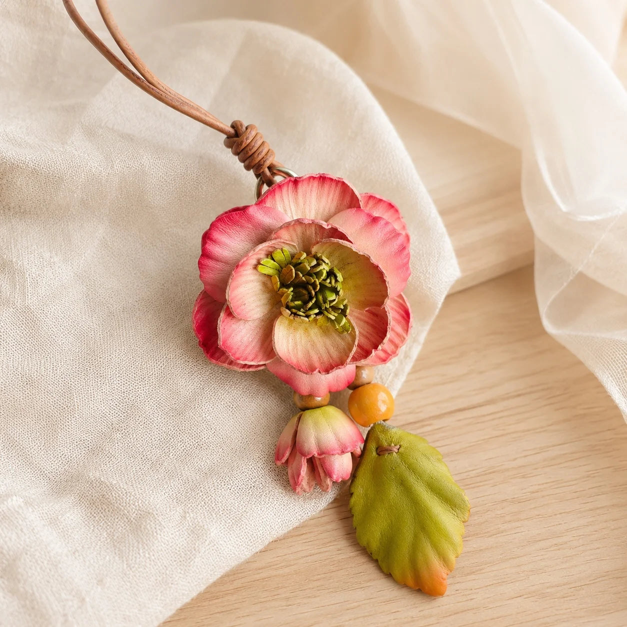 Camellia Grace Leather Floral Bag Charm – Handmade Sculpted Leather Flower Pendant | Premium Handbag & Necklace Accessory