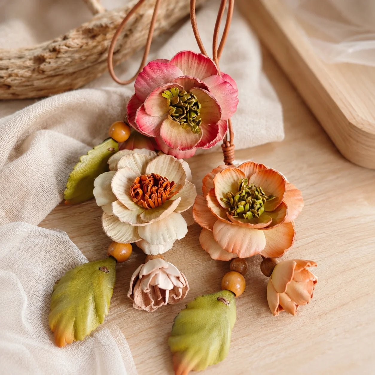 Camellia Grace Leather Floral Bag Charm – Handmade Sculpted Leather Flower Pendant | Premium Handbag & Necklace Accessory