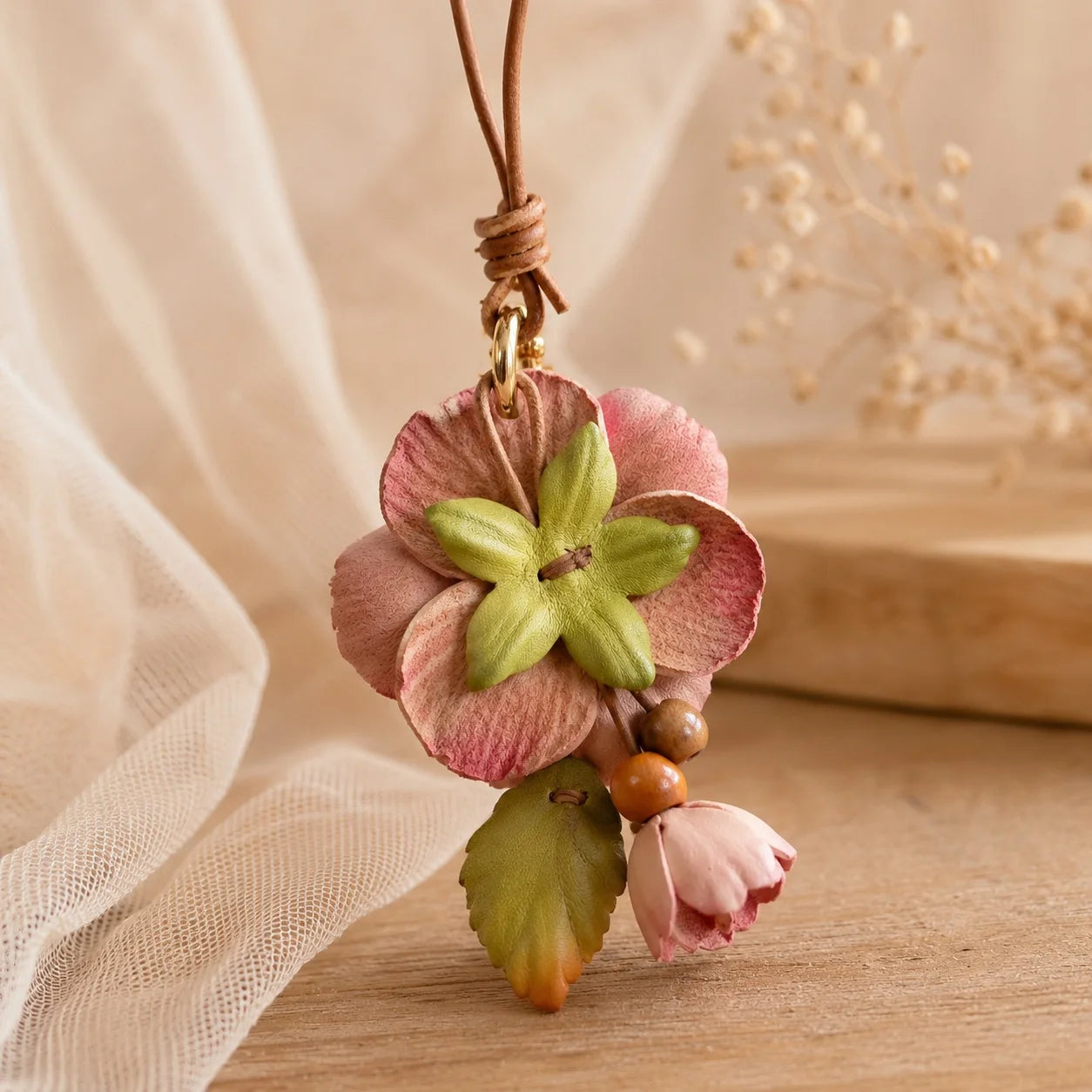 Camellia Grace Leather Floral Bag Charm – Handmade Sculpted Leather Flower Pendant | Premium Handbag & Necklace Accessory