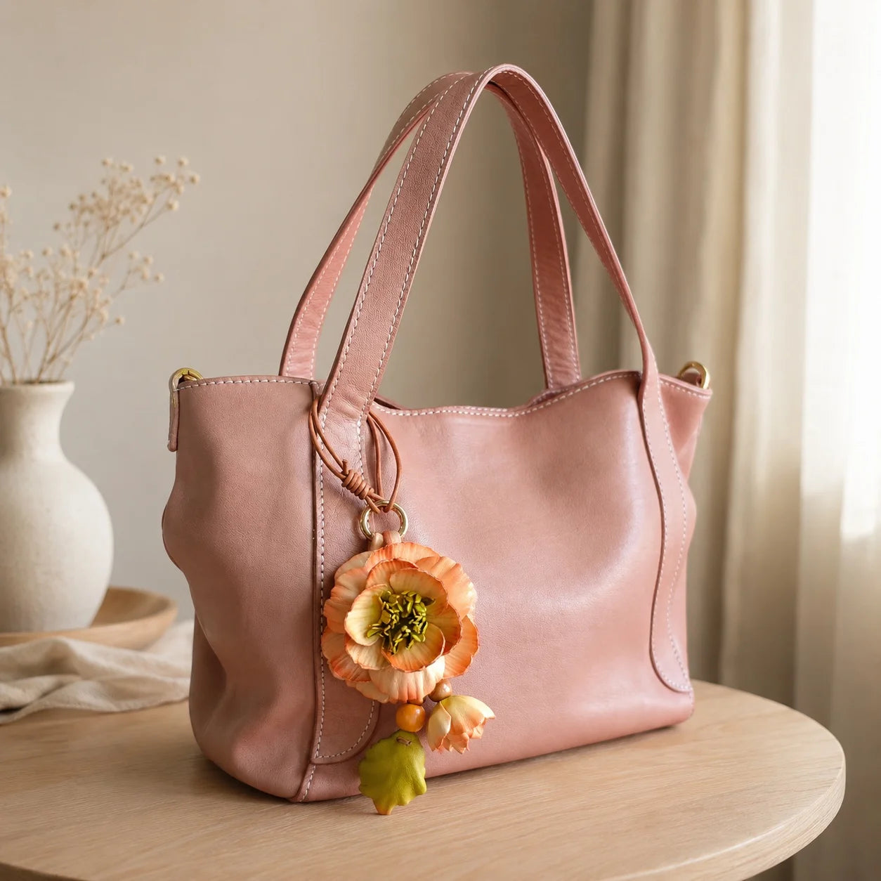 Camellia Grace Leather Floral Bag Charm – Handmade Sculpted Leather Flower Pendant | Premium Handbag & Necklace Accessory