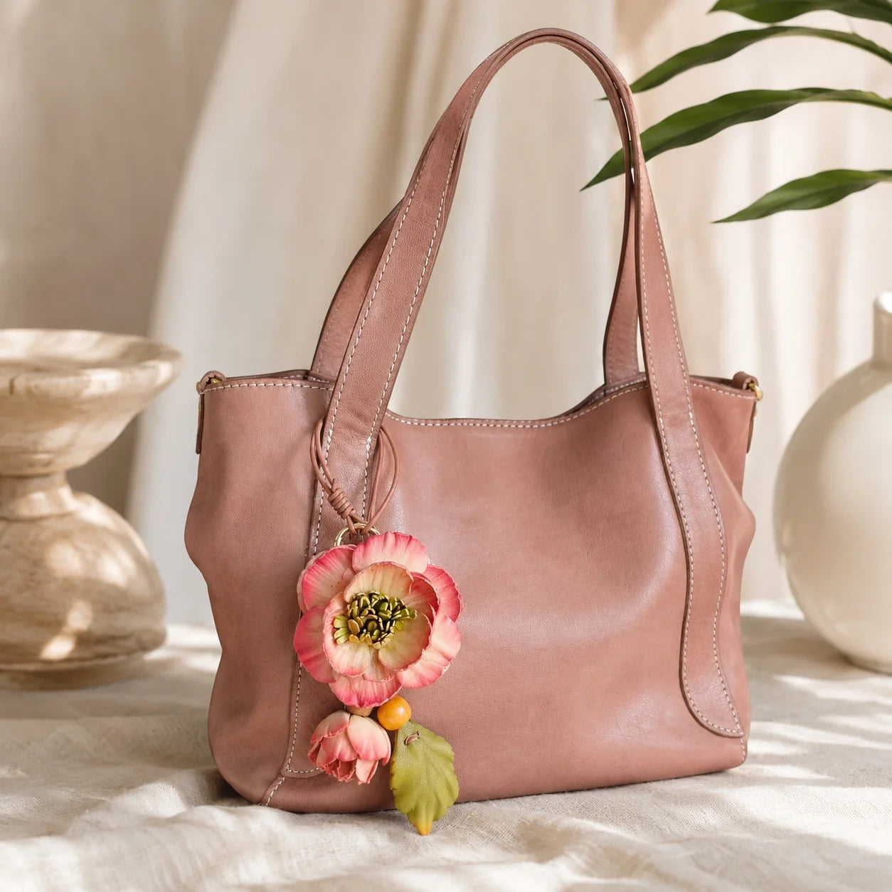 Camellia Grace Leather Floral Bag Charm – Handmade Sculpted Leather Flower Pendant | Premium Handbag & Necklace Accessory