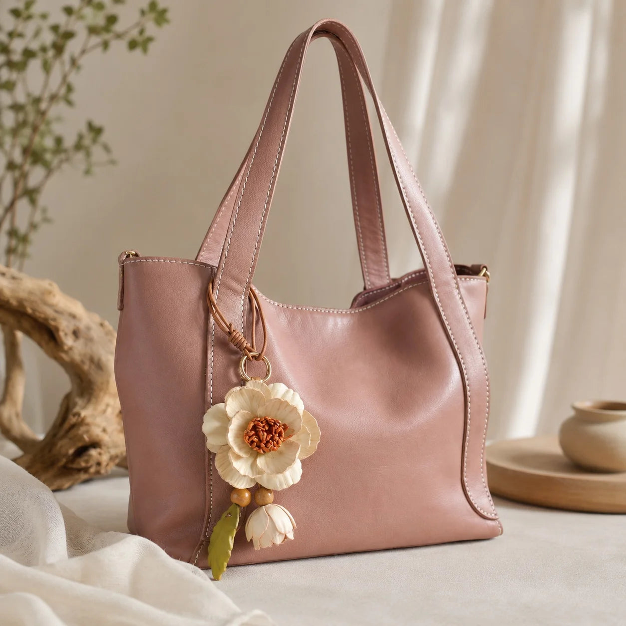 Camellia Grace Leather Floral Bag Charm – Handmade Sculpted Leather Flower Pendant | Premium Handbag & Necklace Accessory
