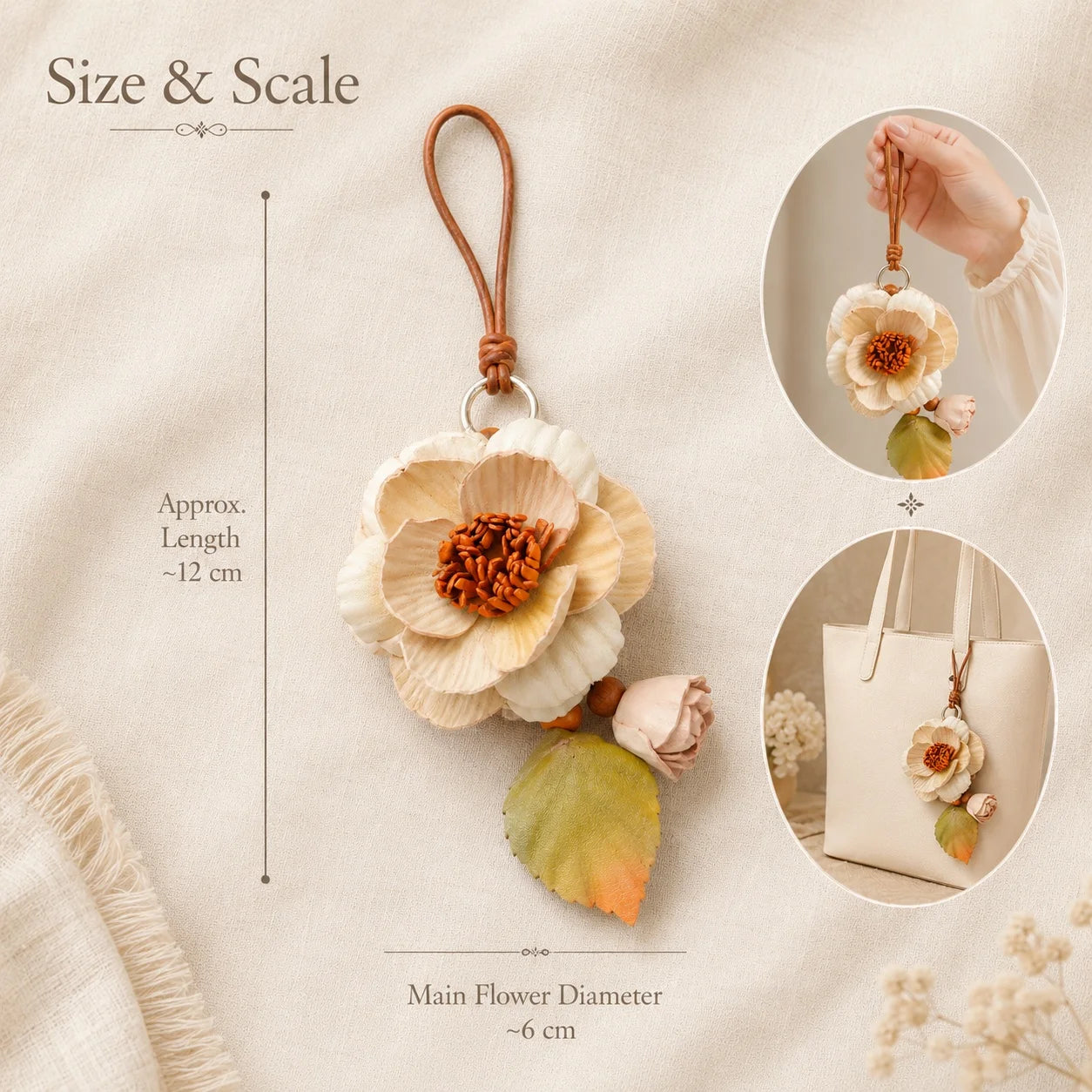 Camellia Grace Leather Floral Bag Charm – Handmade Sculpted Leather Flower Pendant | Premium Handbag & Necklace Accessory