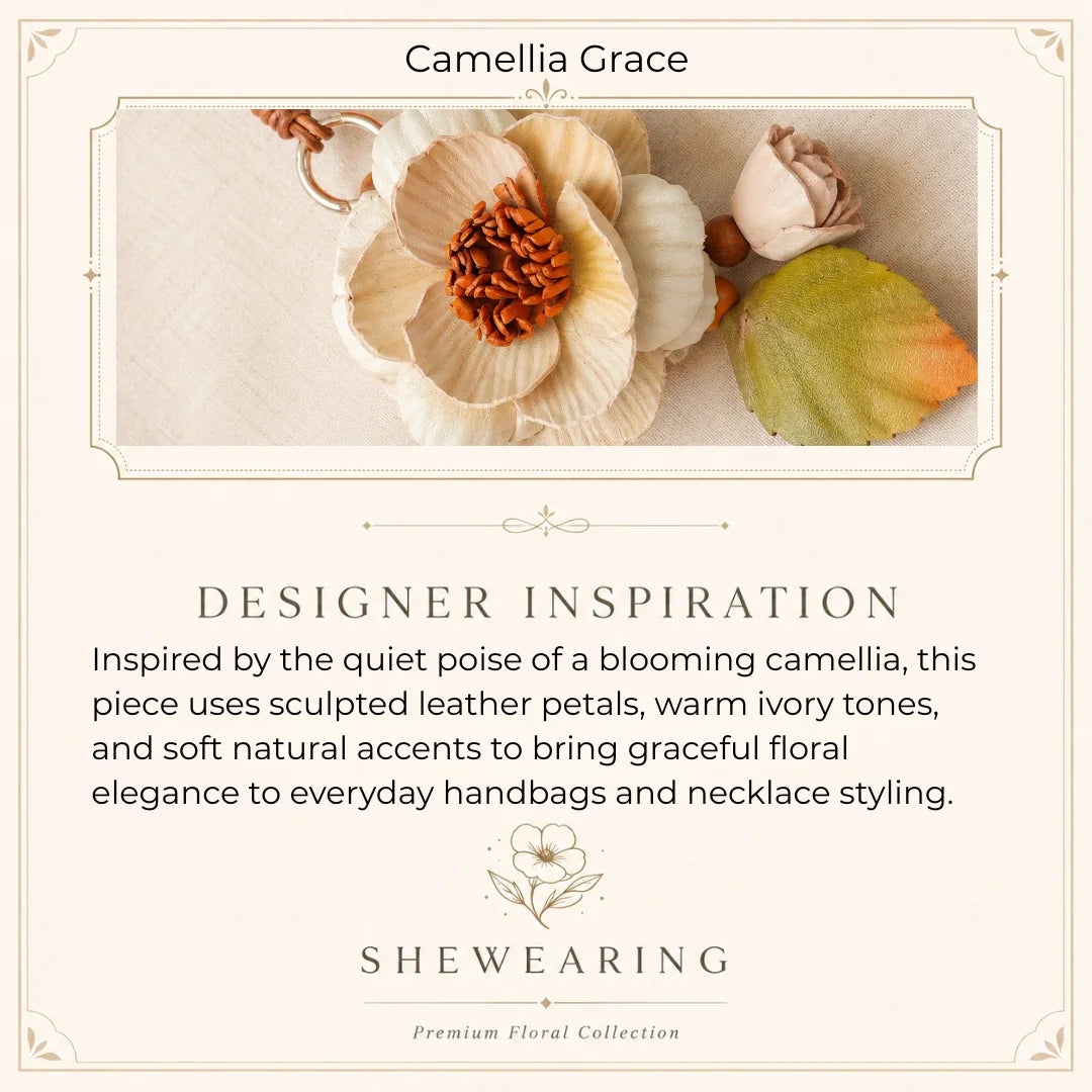Camellia Grace Leather Floral Bag Charm – Handmade Sculpted Leather Flower Pendant | Premium Handbag & Necklace Accessory