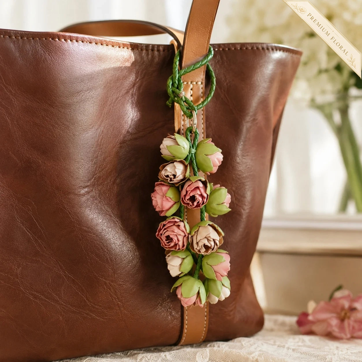 Blush Bud Cascade Leather Floral Bag Charm – Handmade Sculpted Rosebud Pendant | Premium Handbag & Necklace Accessory