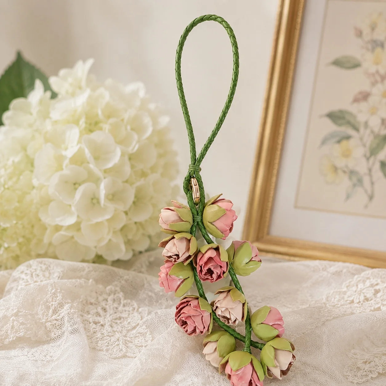Blush Bud Cascade Leather Floral Bag Charm – Handmade Sculpted Rosebud Pendant | Premium Handbag & Necklace Accessory