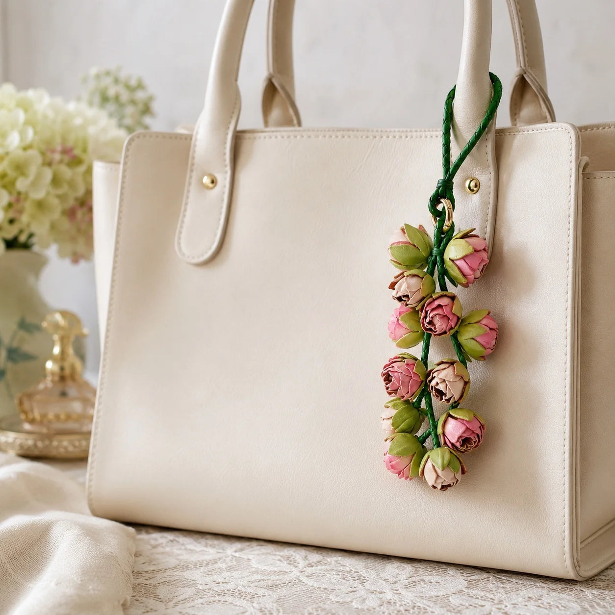 Blush Bud Cascade Leather Floral Bag Charm – Handmade Sculpted Rosebud Pendant | Premium Handbag & Necklace Accessory