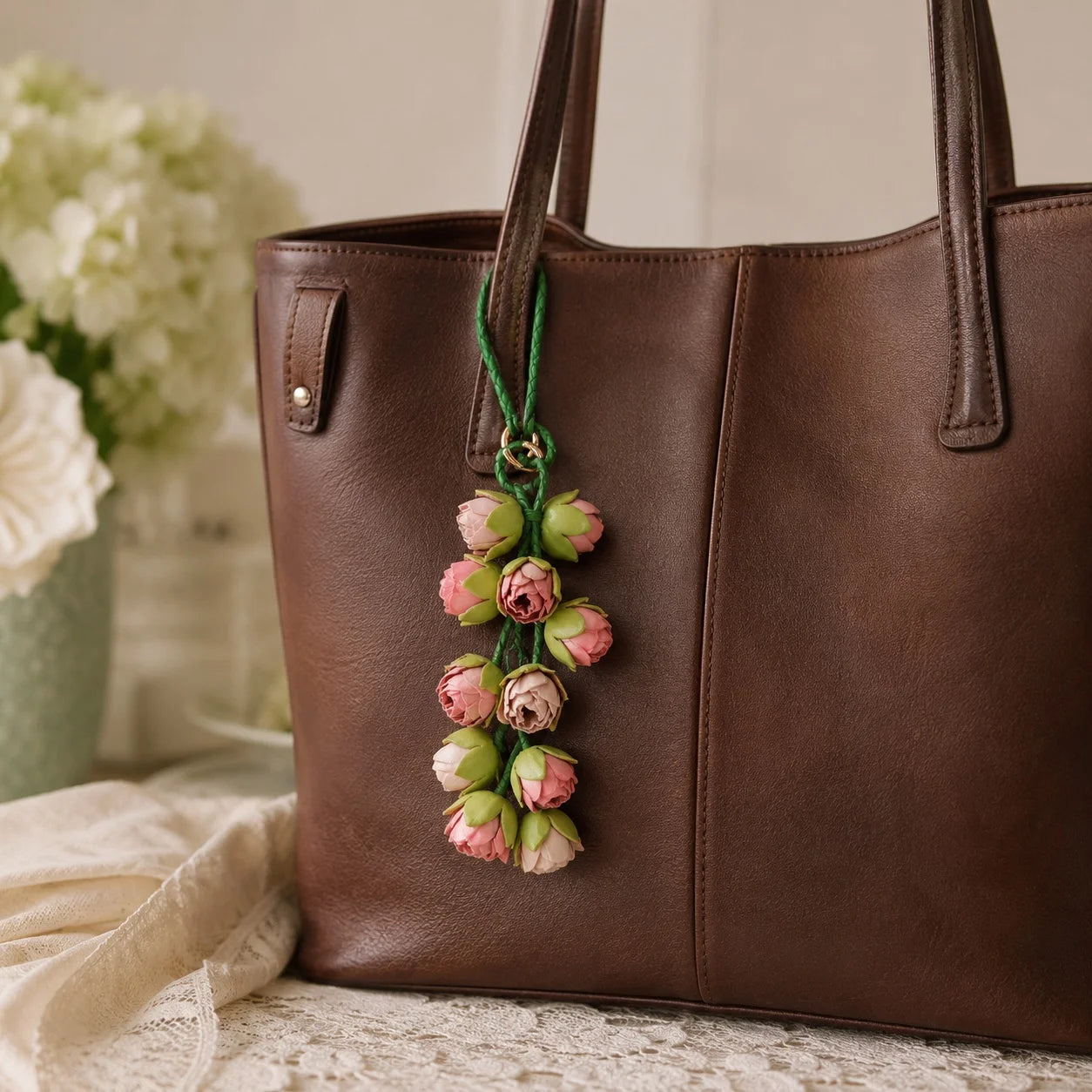 Blush Bud Cascade Leather Floral Bag Charm – Handmade Sculpted Rosebud Pendant | Premium Handbag & Necklace Accessory