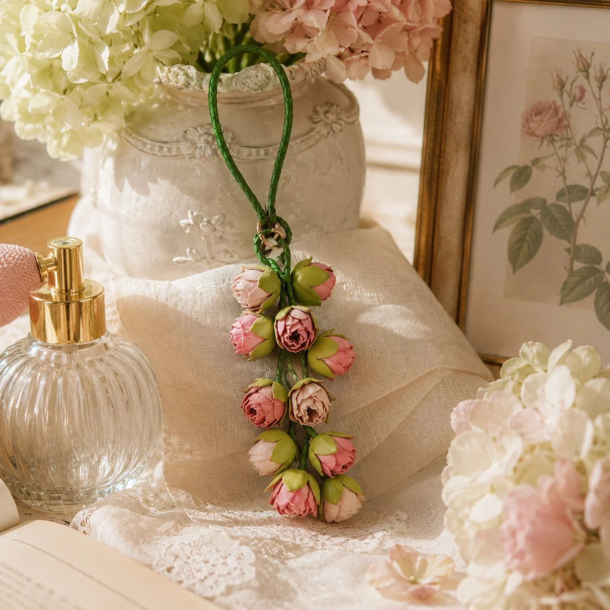 Blush Bud Cascade Leather Floral Bag Charm – Handmade Sculpted Rosebud Pendant | Premium Handbag & Necklace Accessory