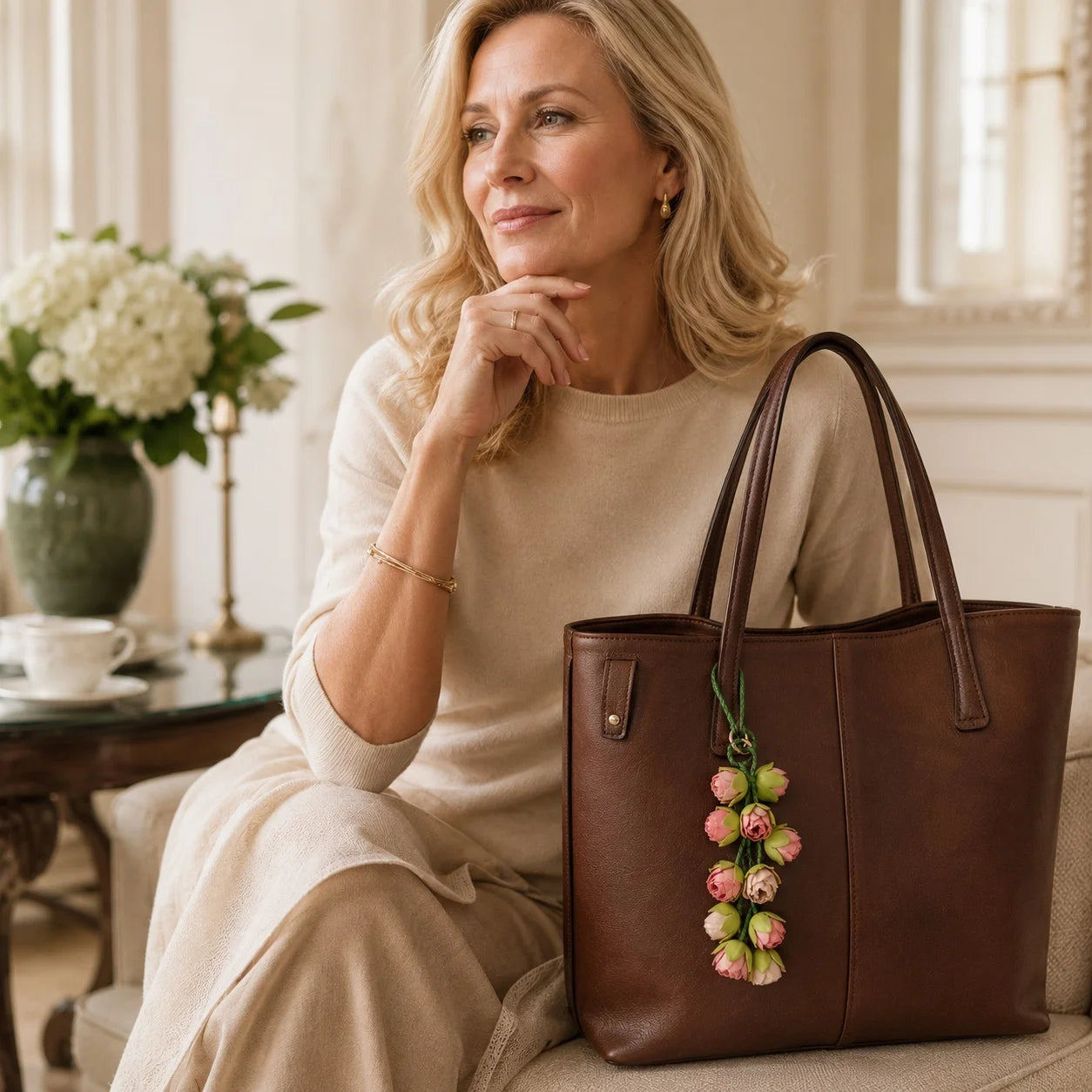 Blush Bud Cascade Leather Floral Bag Charm – Handmade Sculpted Rosebud Pendant | Premium Handbag & Necklace Accessory