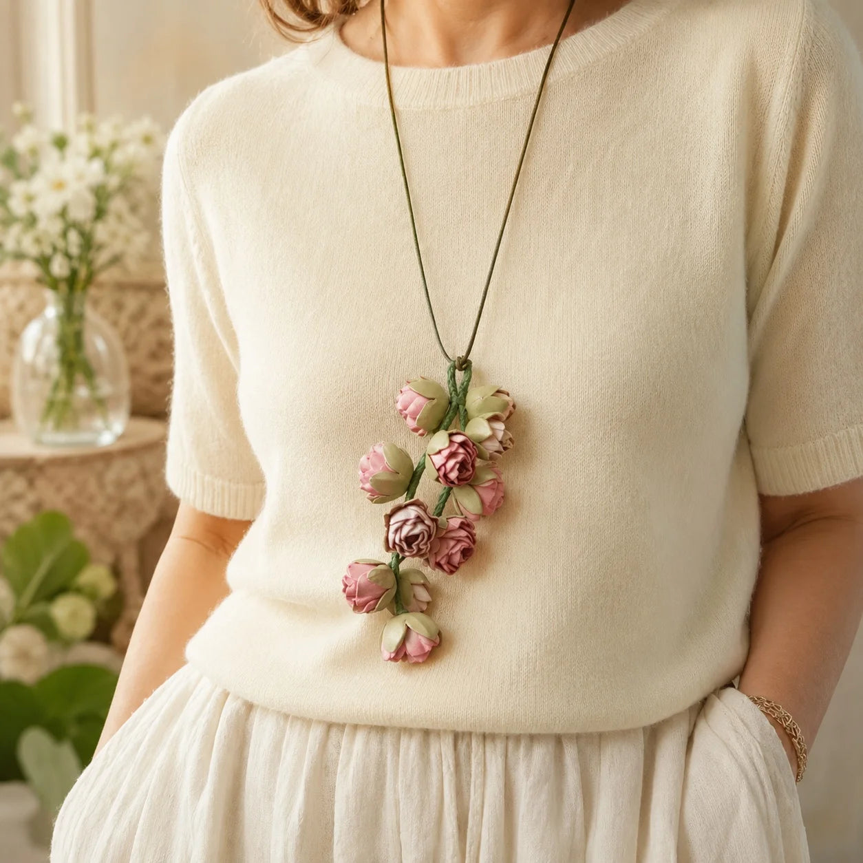 Blush Bud Cascade Leather Floral Bag Charm – Handmade Sculpted Rosebud Pendant | Premium Handbag & Necklace Accessory