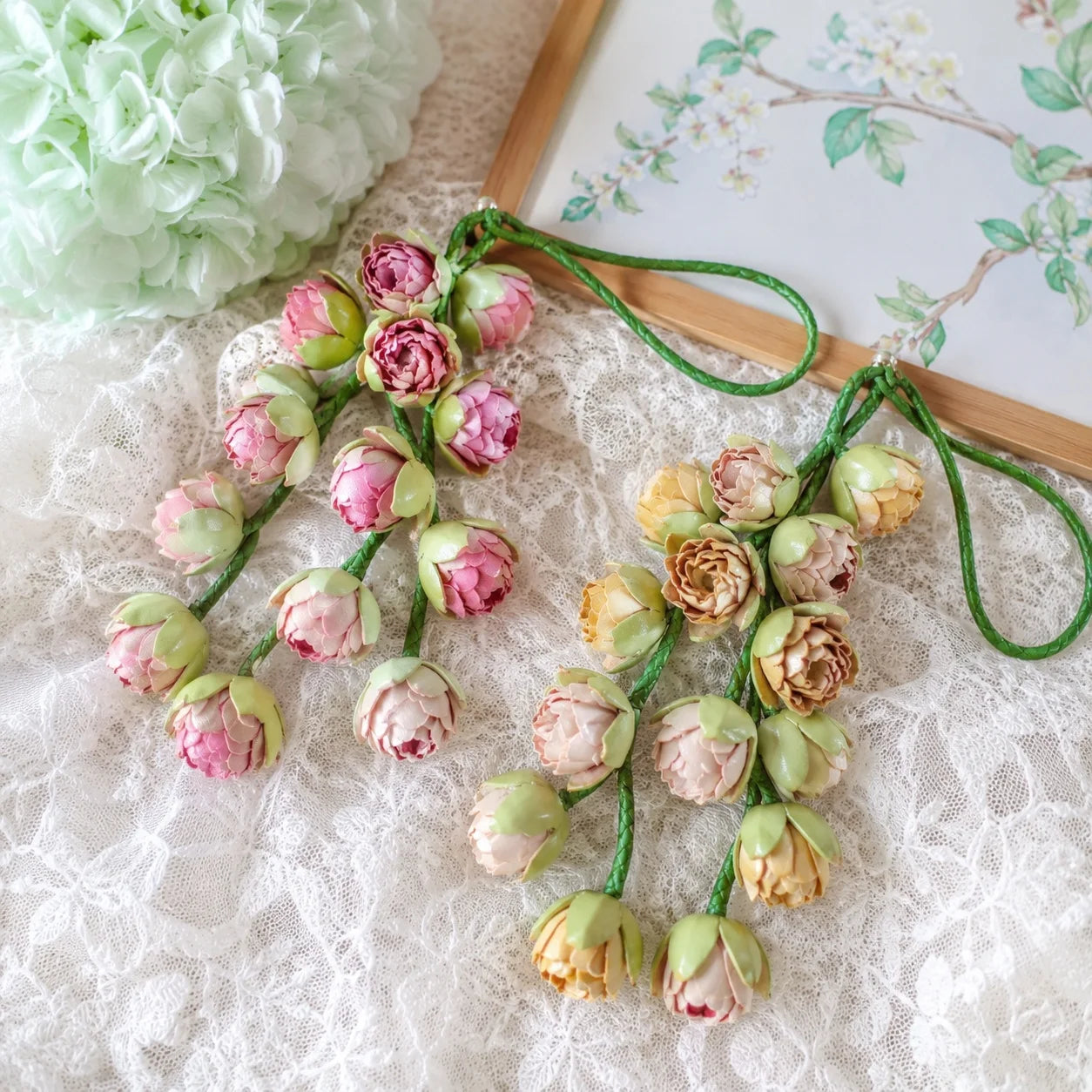 Blush Bud Cascade Leather Floral Bag Charm – Handmade Sculpted Rosebud Pendant | Premium Handbag & Necklace Accessory