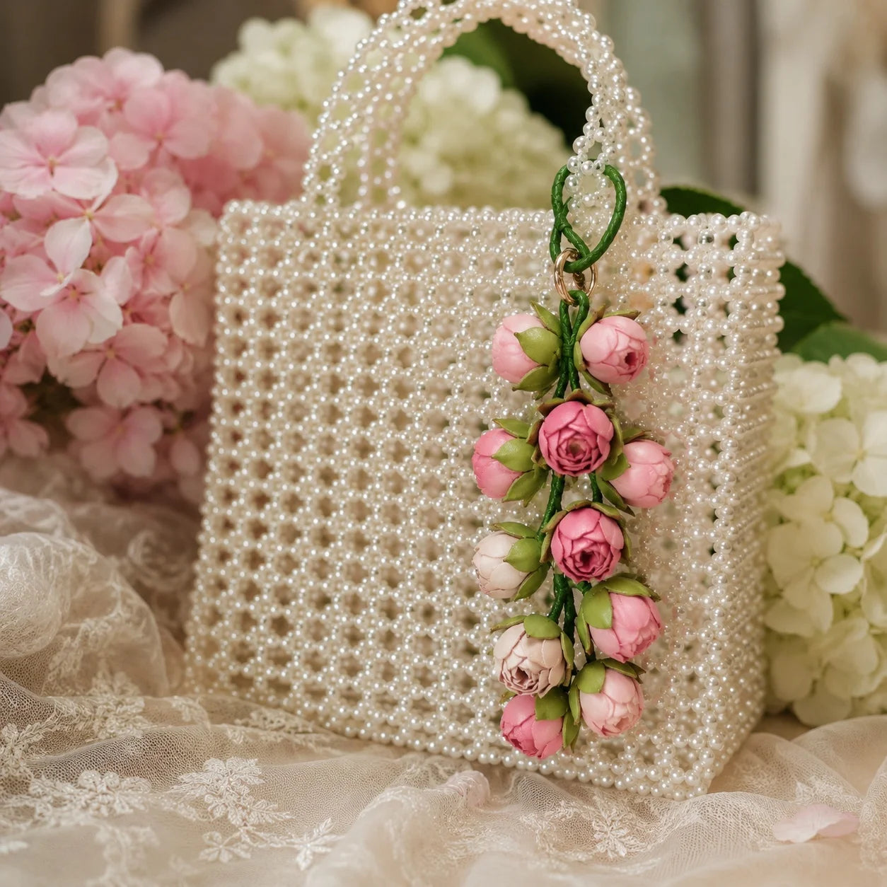 Blush Bud Cascade Leather Floral Bag Charm – Handmade Sculpted Rosebud Pendant | Premium Handbag & Necklace Accessory