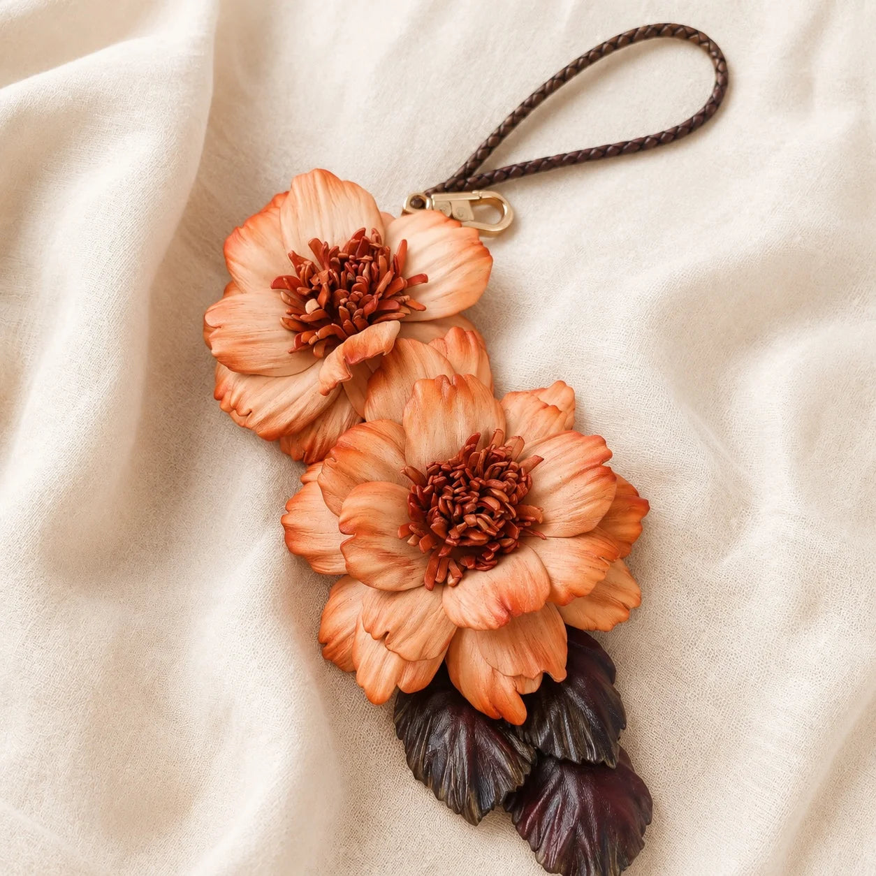 Peony Reverie Leather Floral Bag Charm – Handmade Sculpted Leather Peony Pendant | Premium Handbag & Necklace Accessory