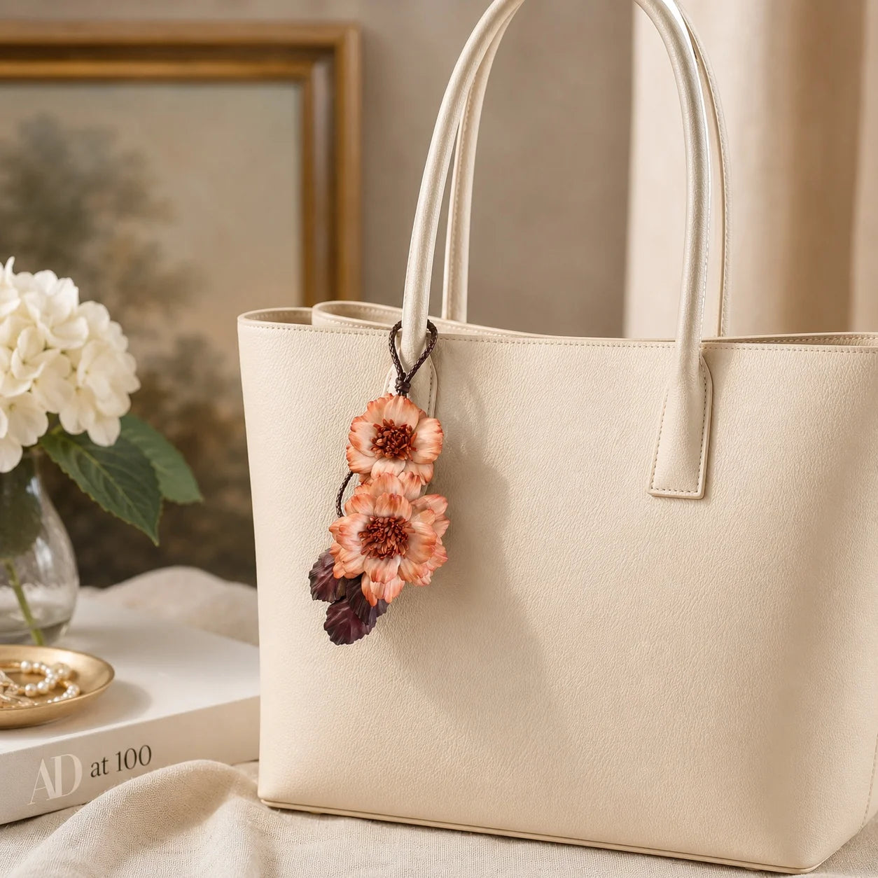 Peony Reverie Leather Floral Bag Charm – Handmade Sculpted Leather Peony Pendant | Premium Handbag & Necklace Accessory