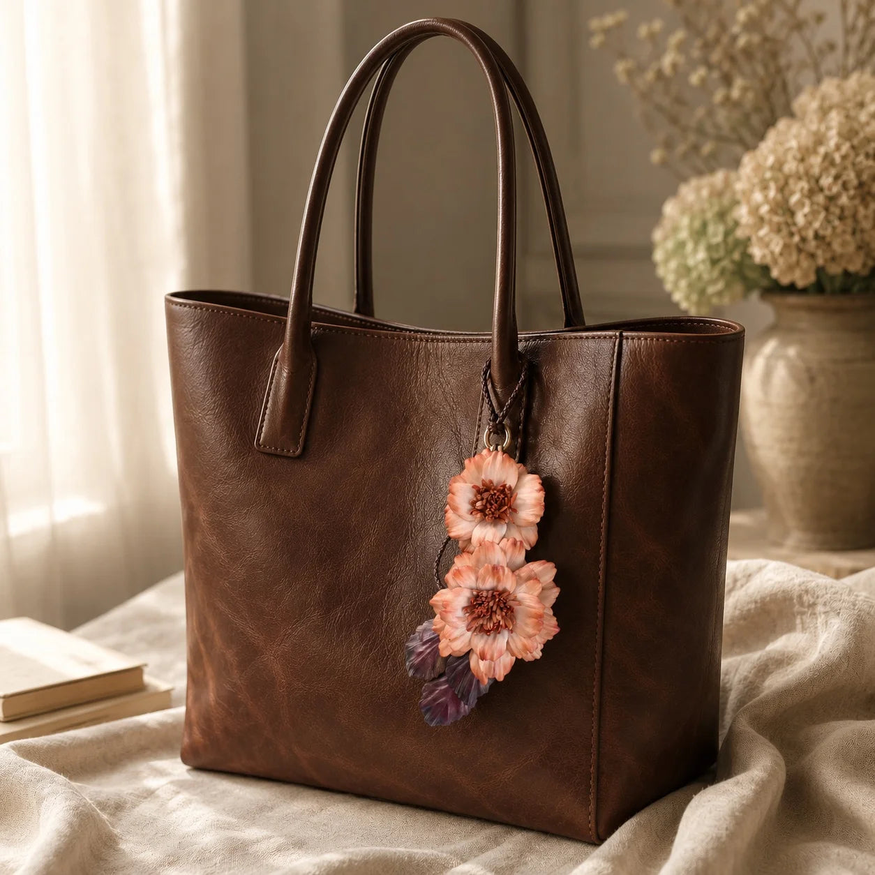 Peony Reverie Leather Floral Bag Charm – Handmade Sculpted Leather Peony Pendant | Premium Handbag & Necklace Accessory