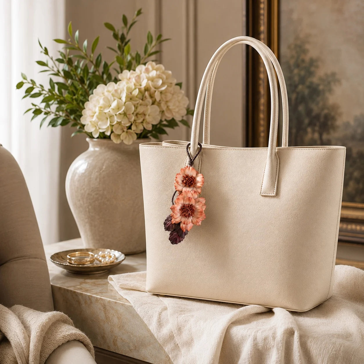 Peony Reverie Leather Floral Bag Charm – Handmade Sculpted Leather Peony Pendant | Premium Handbag & Necklace Accessory