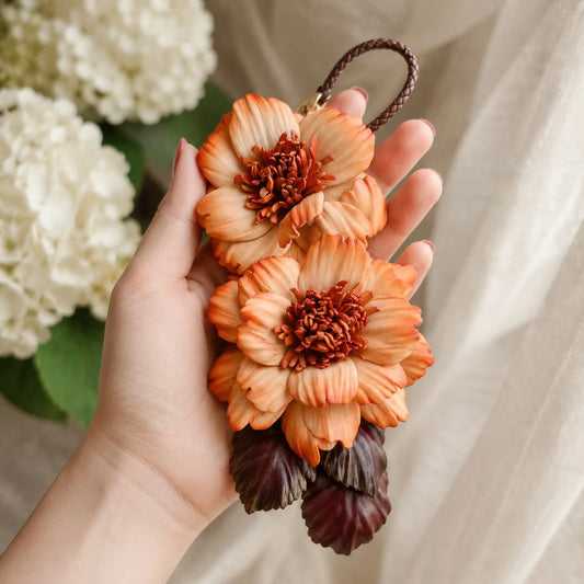 Peony Reverie Leather Floral Bag Charm – Handmade Sculpted Leather Peony Pendant | Premium Handbag & Necklace Accessory